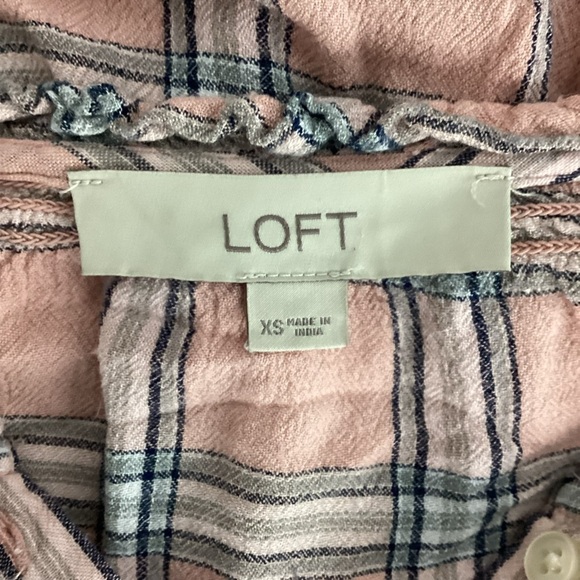 LOFT Pink Plaid Split Neck Blouse Long Sleeve Rayon XS - Picture 6 of 7